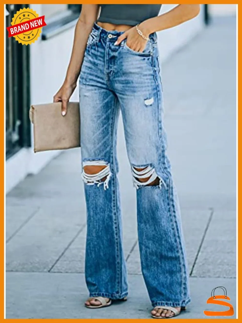 Ripped High Waisted Wide Leg Jeans Distressed Denim Pants